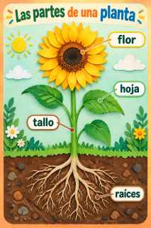 Póster de las partes de una planta con girasol de papel recortado