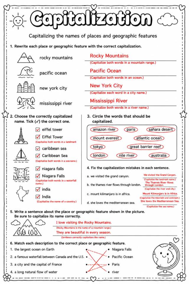 Answer key for Capitalizing the names of places and geographic features — free printable English & Reading worksheet