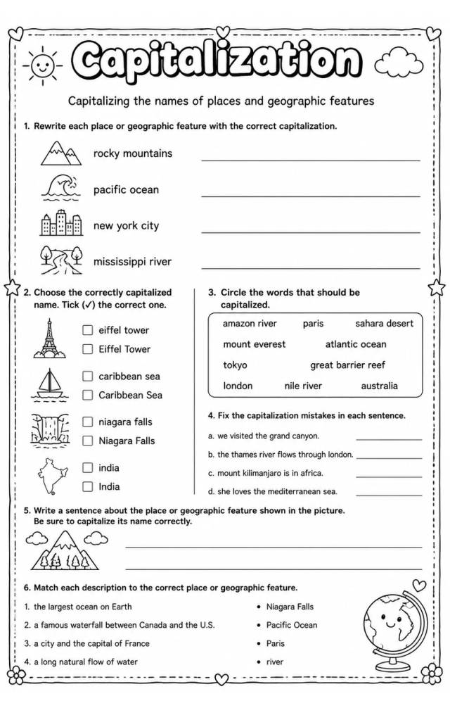 Capitalizing the names of places and geographic features — free printable Grammar and mechanics English worksheet