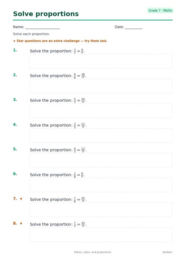Solve proportions worksheet — Grade 7