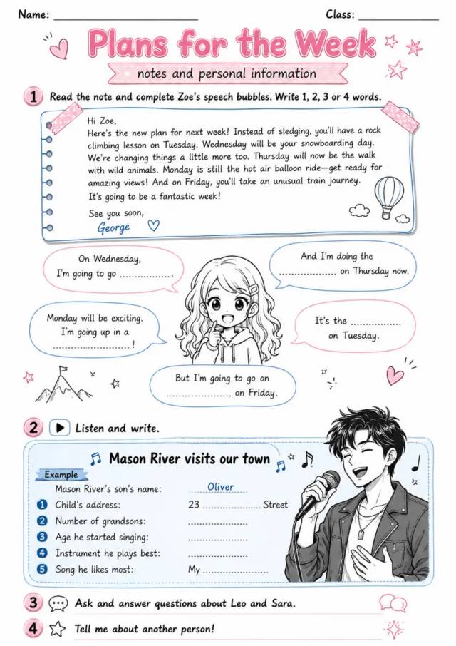 Cambridge Flyers - Plans for the Week | Free Worksheet primary printable PDF preview