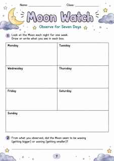 Moon Watch - Grade 3 Science Worksheet grade 3 printable PDF preview