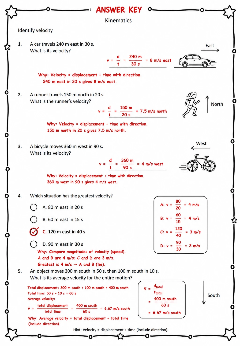 Answer key for Identify velocity — free printable Science worksheet