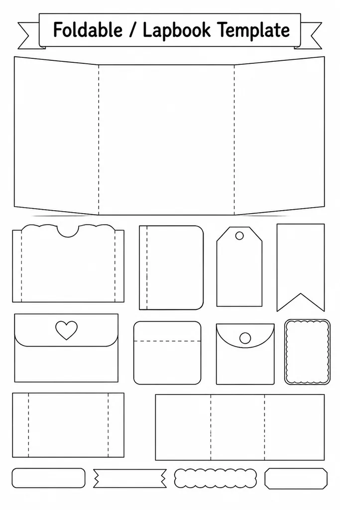 A blank printable lapbook template with multiple fold-and-flap sections and empty pockets, laid flat and ready for students to cut, fold, and fill with notes