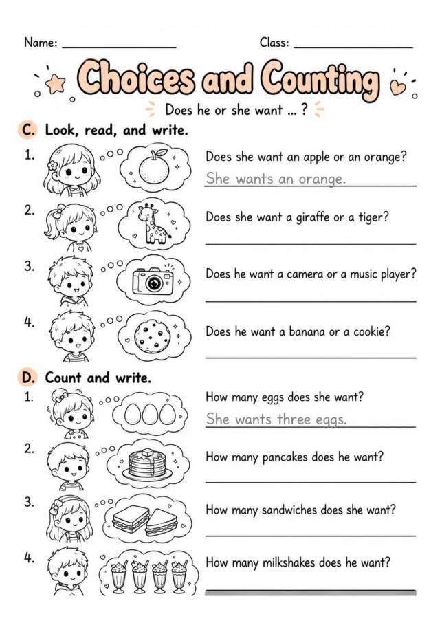 Choices And Counting | Grades 2-3 English Language Arts Worksheet grades 2 3 printable PDF preview