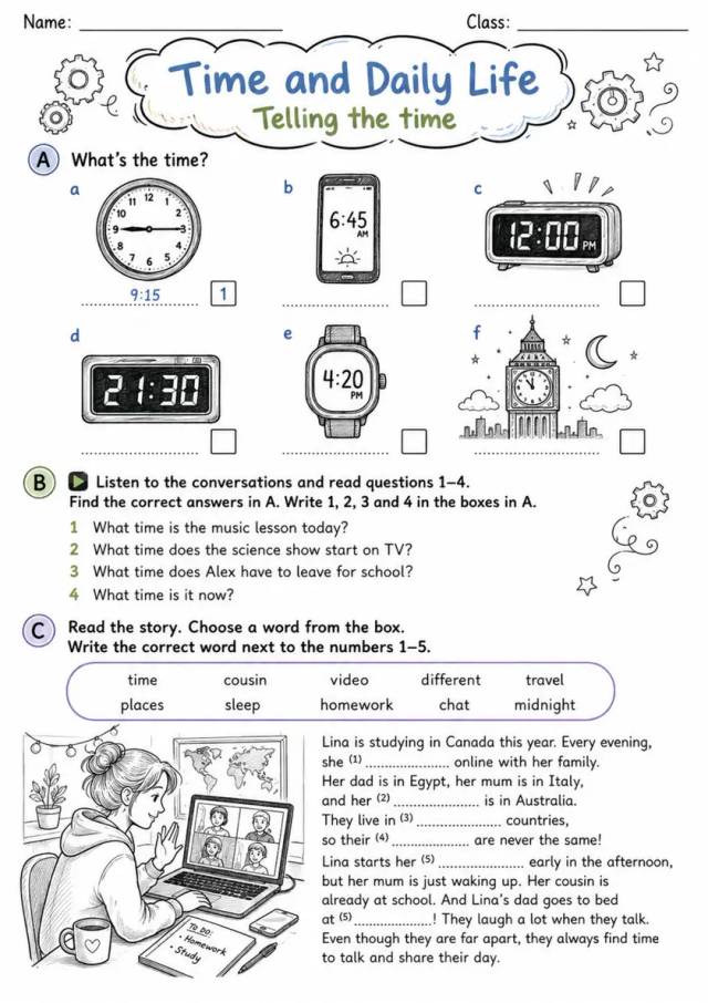 Cambridge Flyers - Time and Daily Life | Free Worksheet primary printable PDF preview