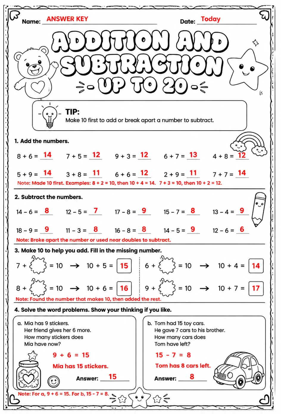 Answer key for Addition and subtraction - up to 20 — free printable Math worksheet