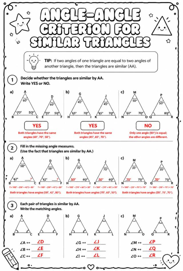 Answer key for Angle-angle criterion for similar triangles — free printable Math worksheet