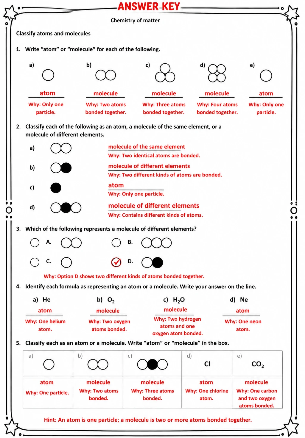 Answer key for Classify atoms and molecules — free printable Science worksheet