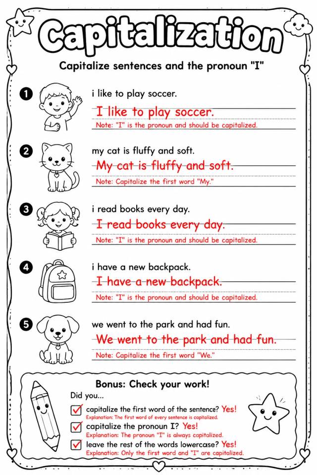 Answer key for Capitalize sentences and the pronoun "I" — free printable English & Reading worksheet