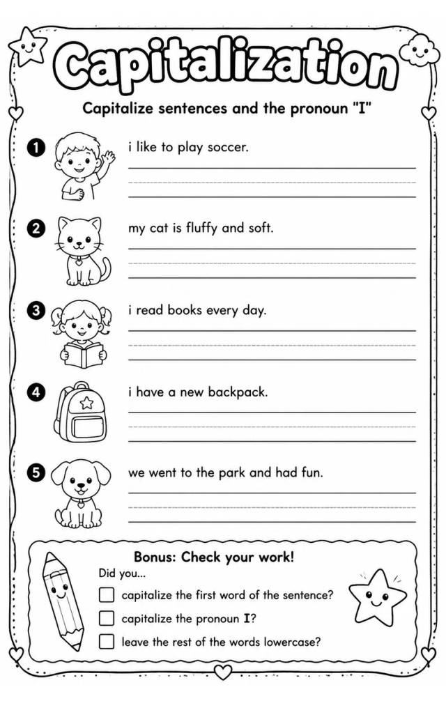 Capitalize sentences and the pronoun "I" — free printable Grammar and mechanics English worksheet