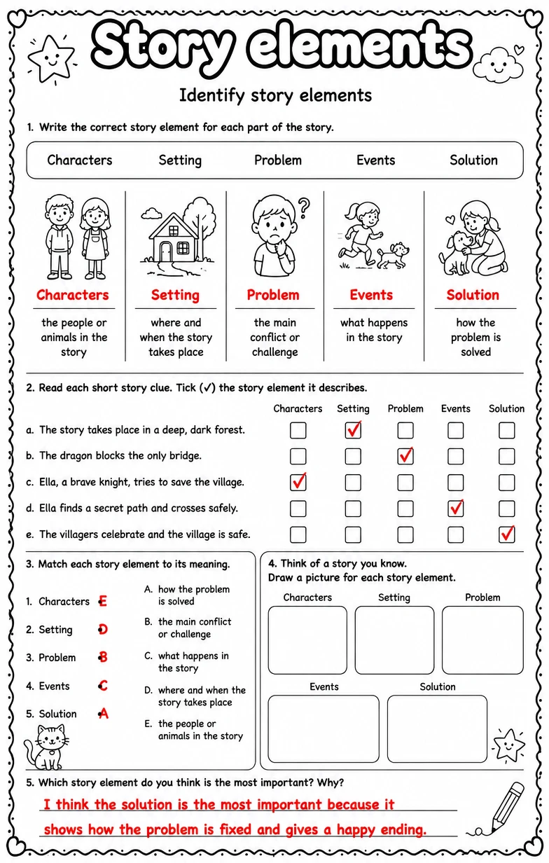 Answer key for Identify story elements — free printable English & Reading worksheet