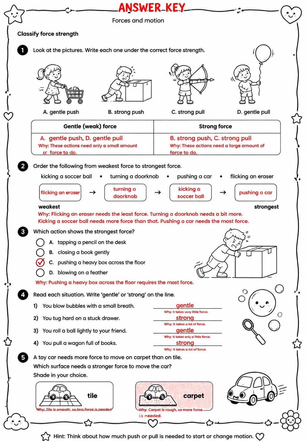 Answer key for Classify force strength — free printable Science worksheet