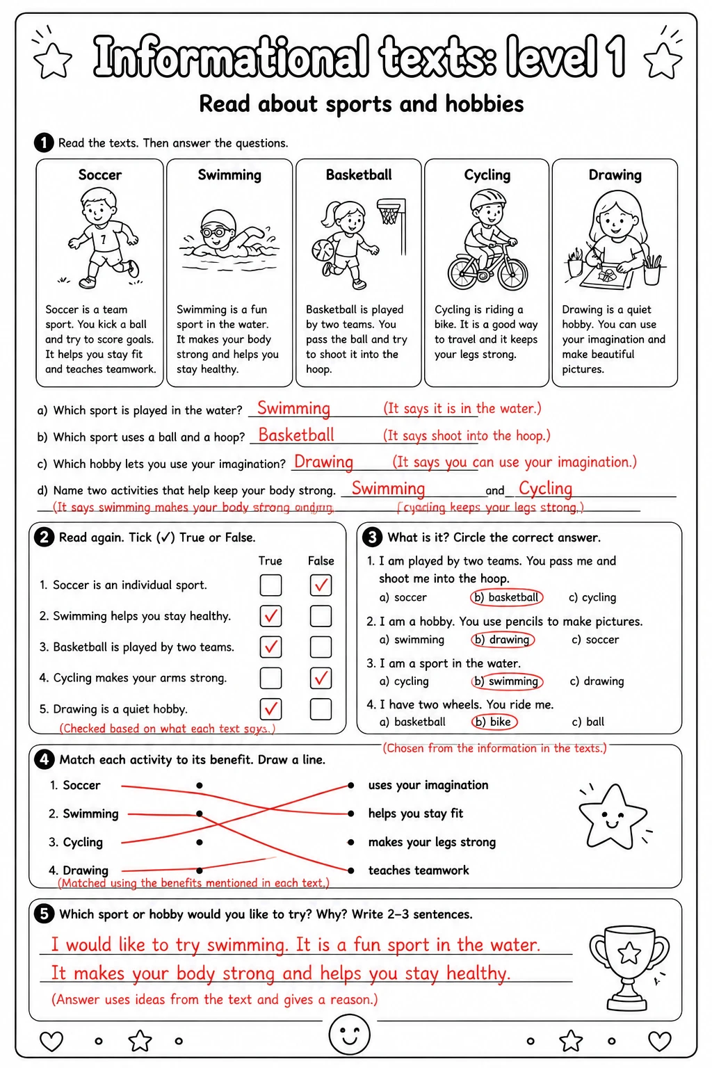 Answer key for Read about sports and hobbies — free printable English & Reading worksheet