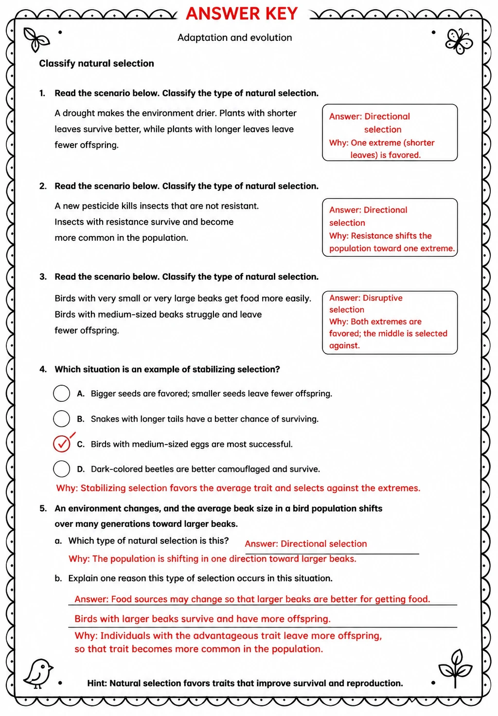 Answer key for Classify natural selection — free printable Science worksheet