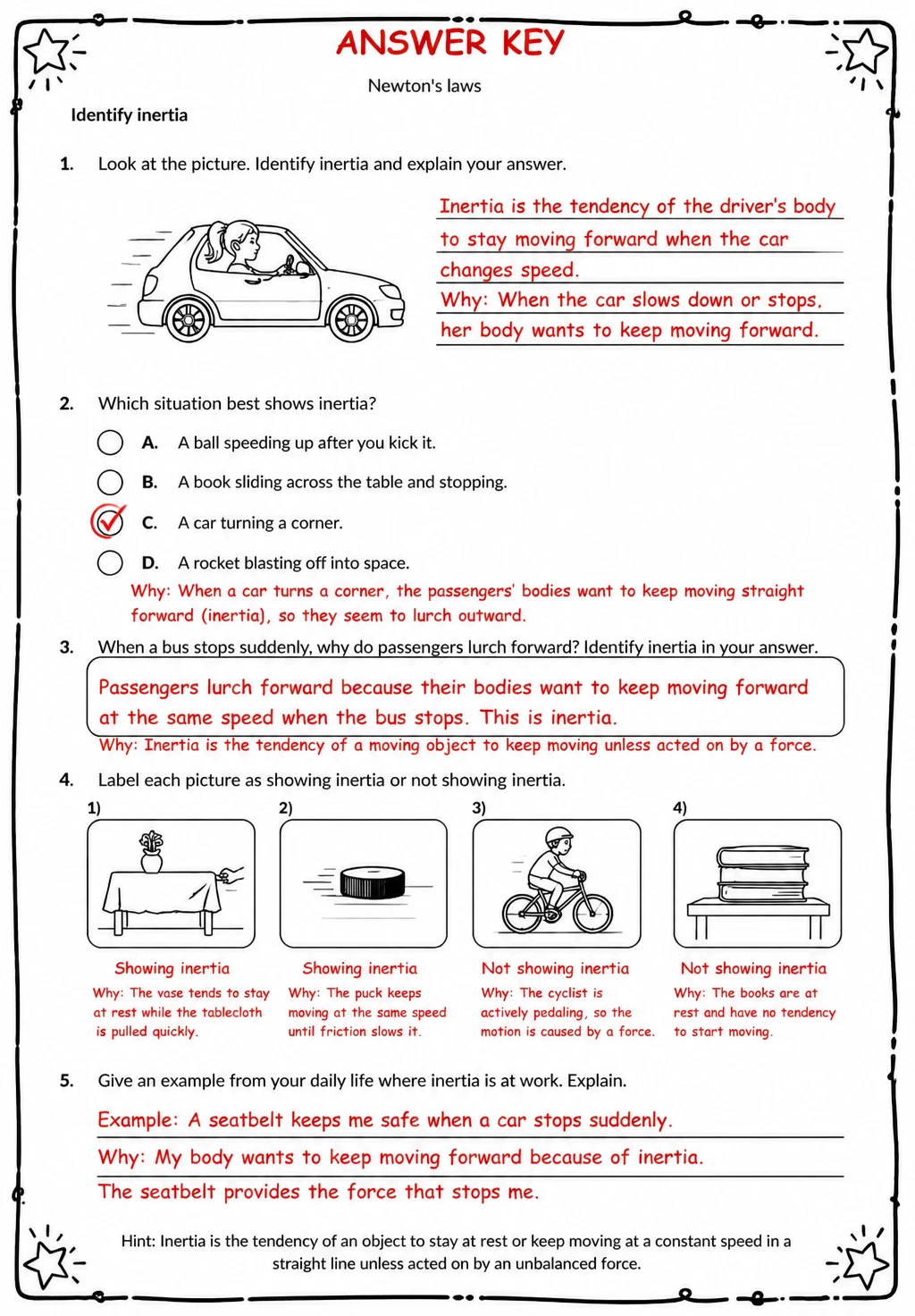Answer key for Identify inertia — free printable Science worksheet