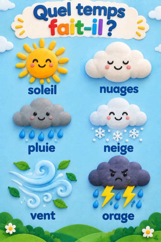 Affiche avec six symboles à l’aspect d’argile et les légendes soleil, nuages, pluie, neige, vent et orage sous la question Quel temps fait-il ?