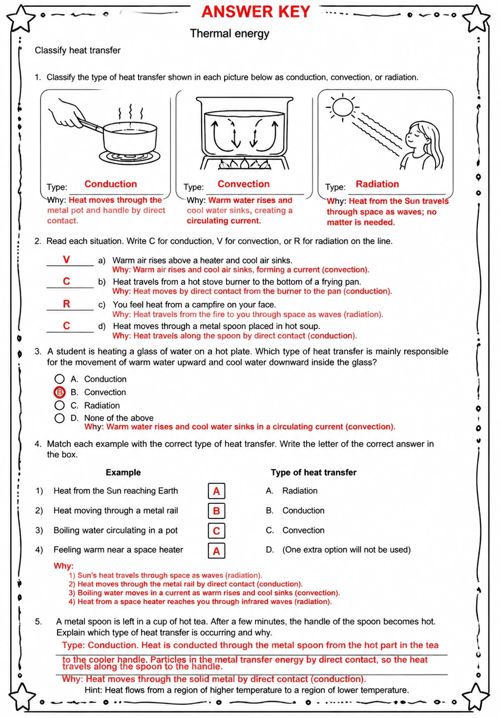 Answer key for Classify heat transfer — free printable Science worksheet