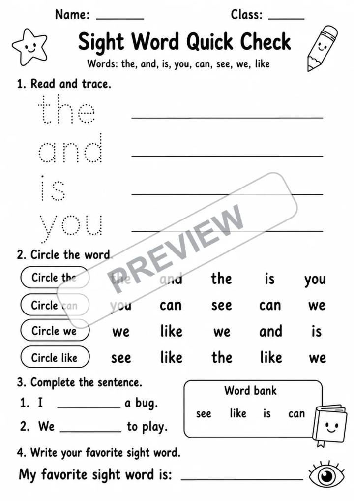 Sight Word Quick Check | 1 Worksheet | Kindergarten-Grade 1 watermarked worksheet preview