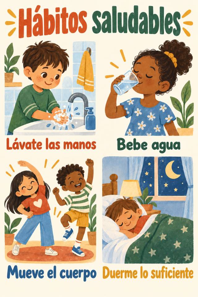 Póster Hábitos saludables con escenas de niños que se lavan las manos, beben agua, se mueven y duermen, junto a cuatro frases en español.