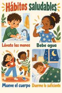 Póster de hábitos saludables ilustrado en gouache