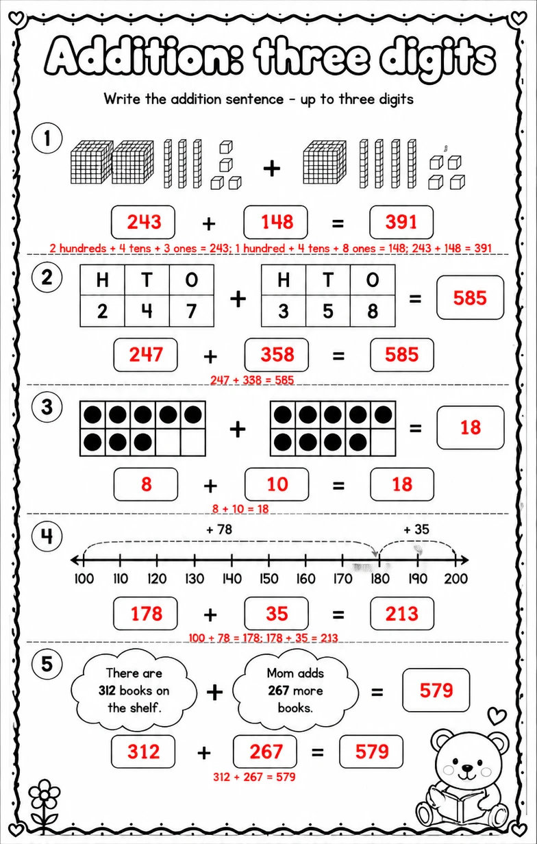 Answer key for Write the addition sentence - up to three digits — free printable Math worksheet