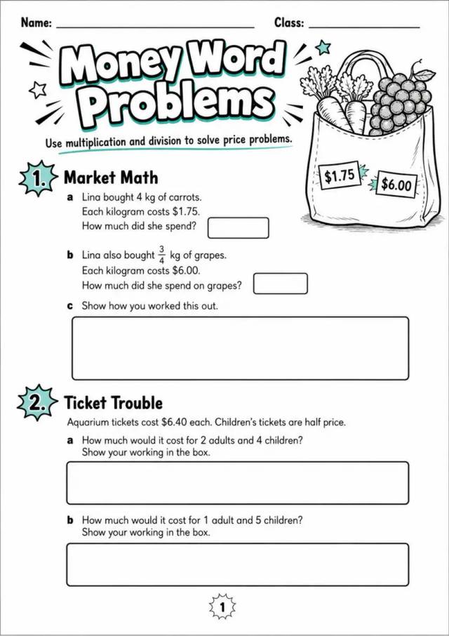 Money Word Problems - Grade 3 Math Worksheet - grade 3 Calculations and multi-step problem solving grade 3 printable PDF preview