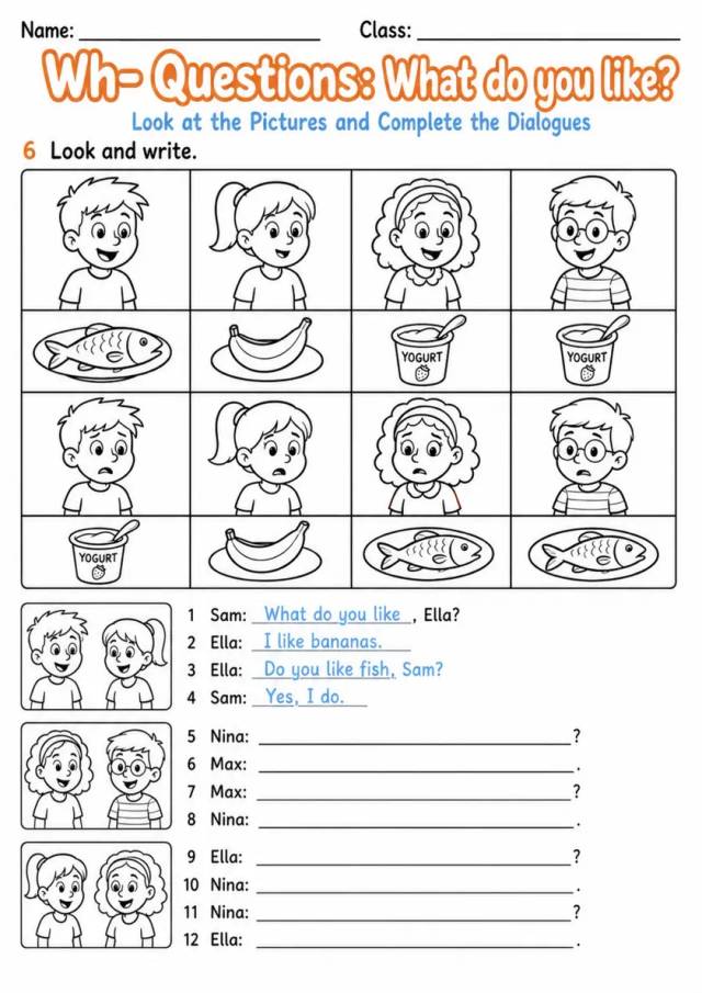 What Do You Like? Dialogue Practice | Grade 1 Grammar Worksheet grade 1 printable PDF preview