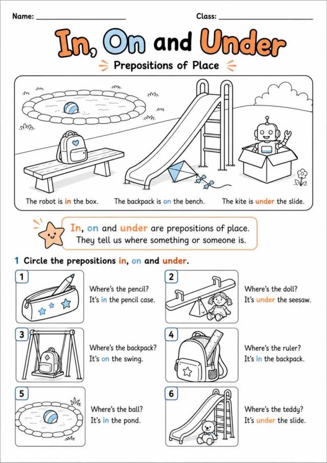 In On and Under Prepositions | Grade 1 Grammar Worksheet grade 1 printable PDF preview