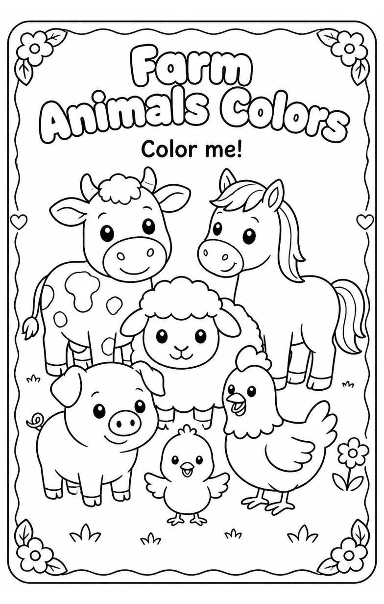 Farm Animals Colors Coloring Page — free printable Kindergarten Art worksheet