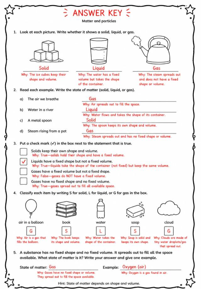 Answer key for Identify states of matter — free printable Science worksheet