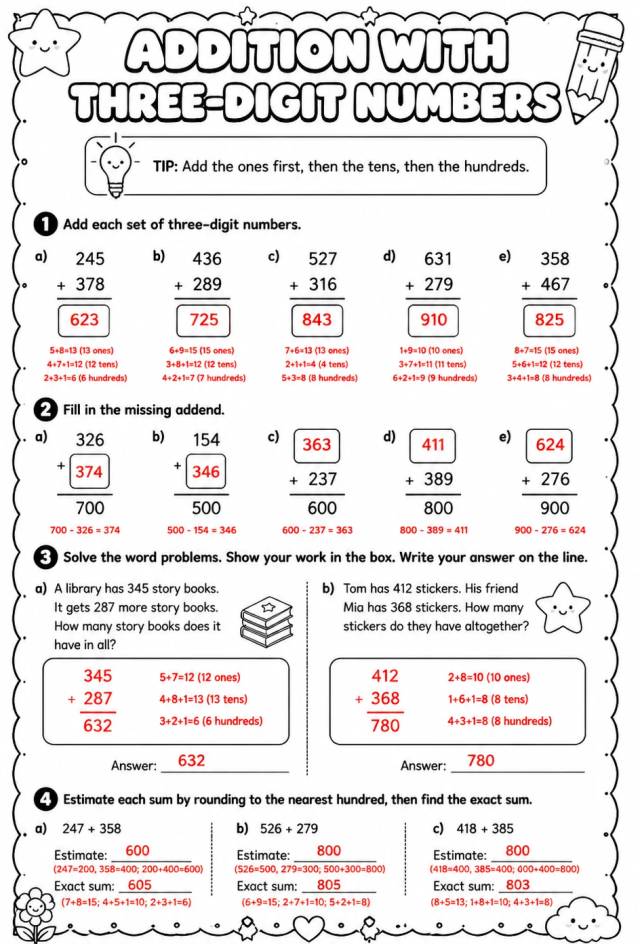 Answer key for Addition with three-digit numbers — free printable Math worksheet