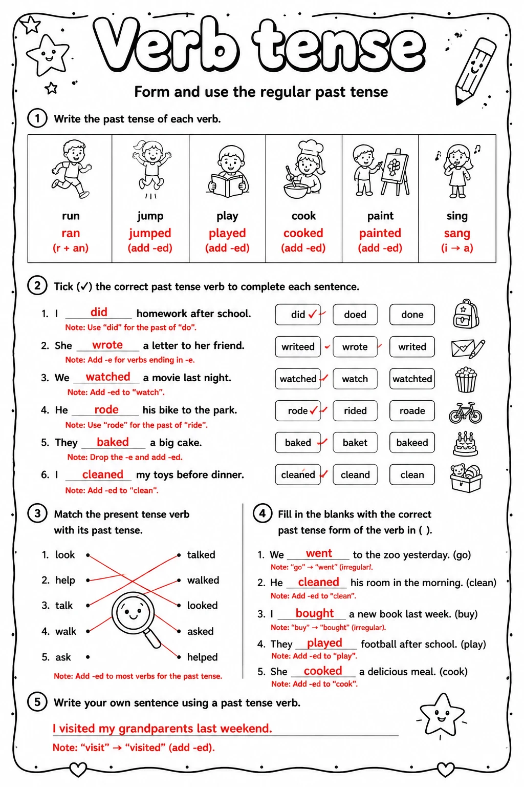 Answer key for Form and use the regular past tense — free printable English & Reading worksheet