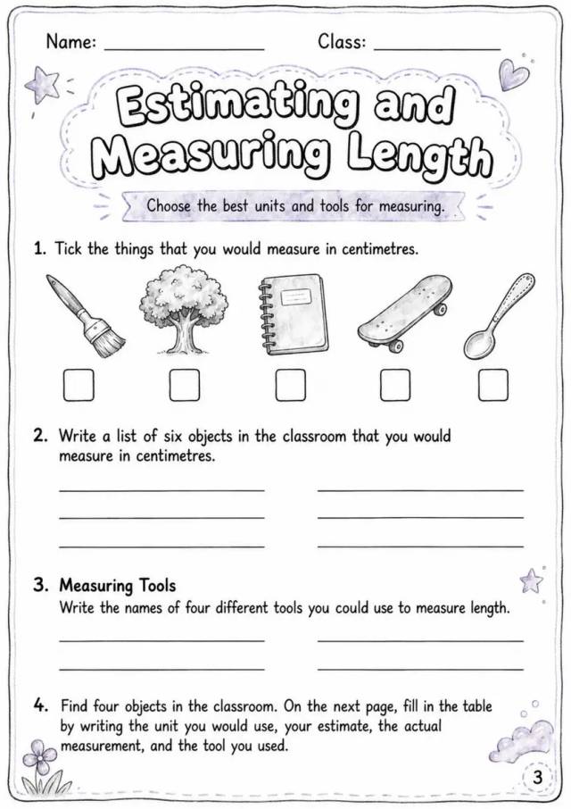 Estimating and Measuring Length - Grade 3 Math Worksheet - grade 3 Graphs, tables, and data interpretation grade 3 printable PDF preview