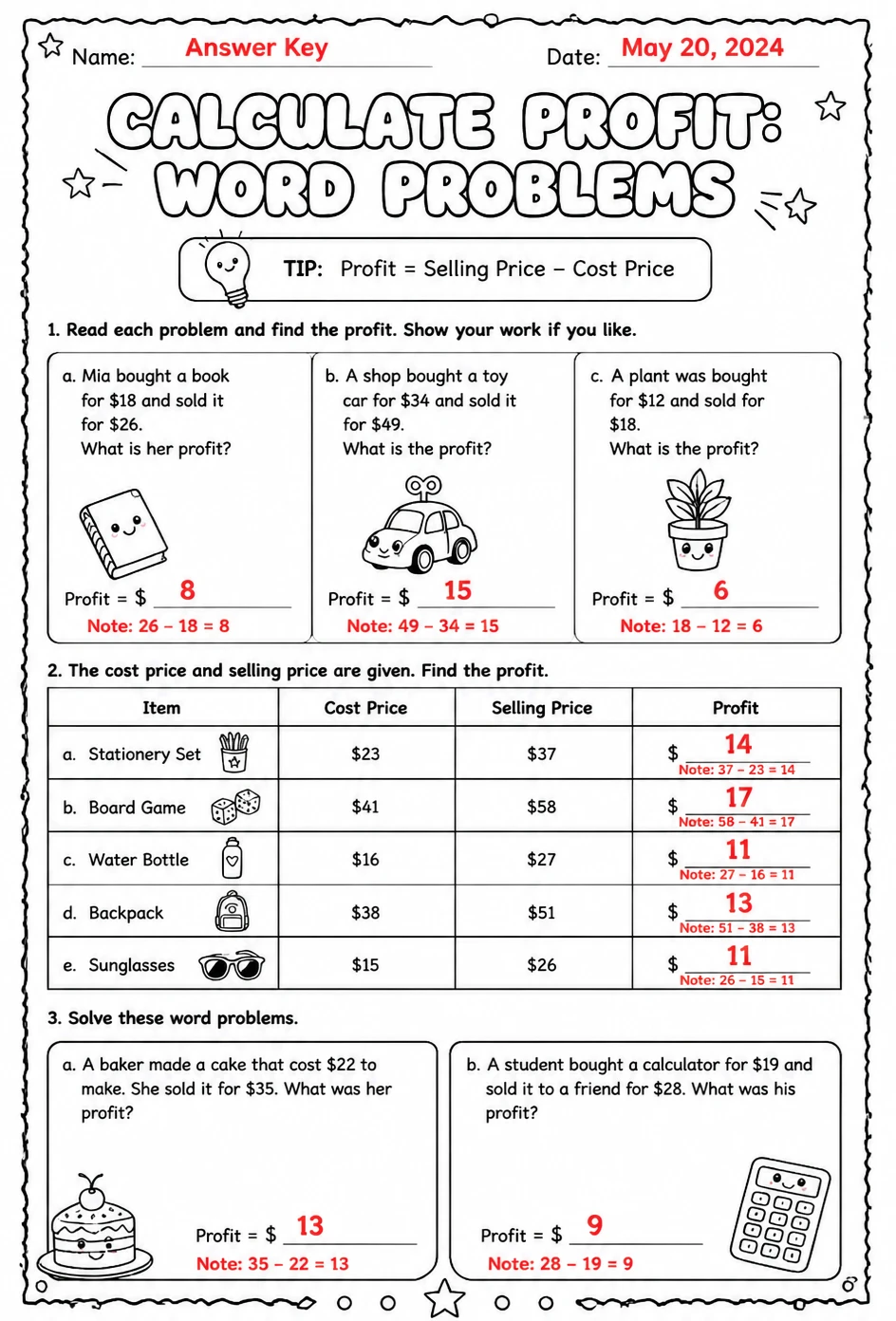 Answer key for Calculate profit: word problems — free printable Math worksheet