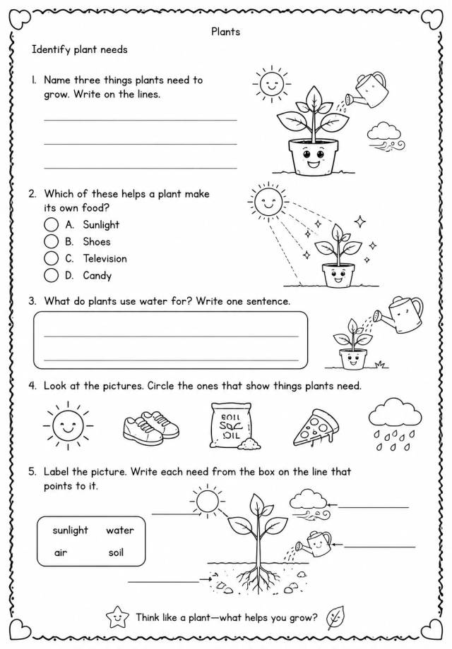 Identify plant needs — free printable Grade 2 Science worksheet