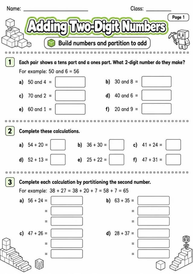 Adding Two-Digit Numbers - Grade 3 Math Worksheet - grade 3 Printable independent practice grade 3 printable PDF preview