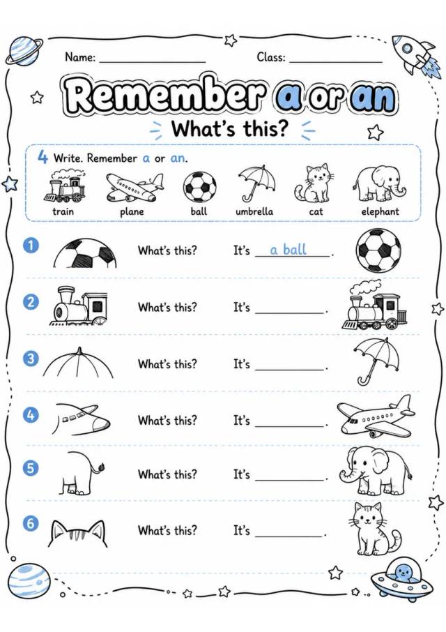 A or An Object Naming Practice | Grade 1 Grammar Worksheet grade 1 printable PDF preview