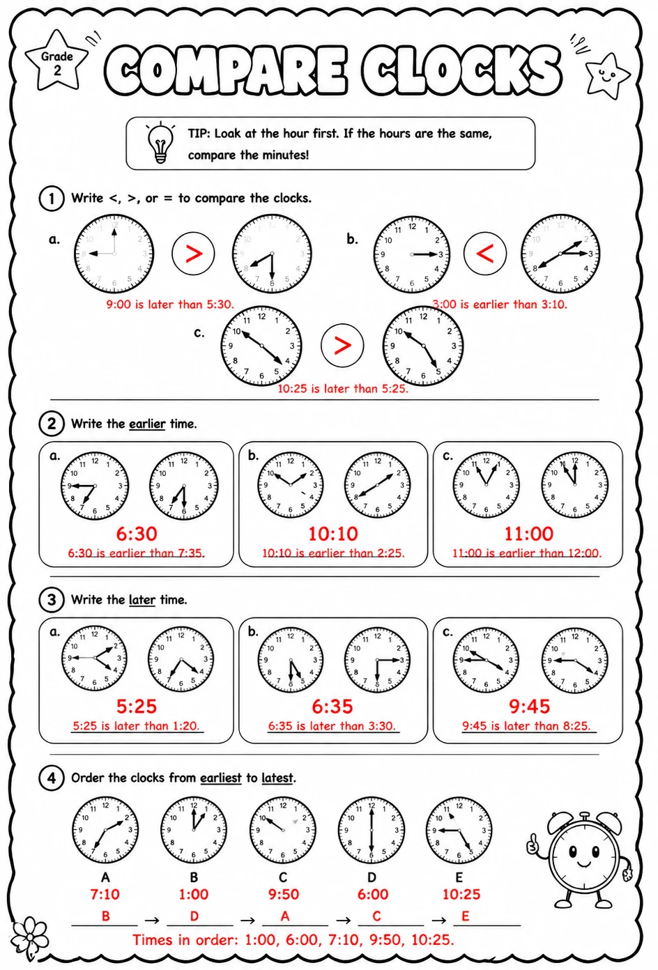 Answer key for Compare clocks — free printable Math worksheet