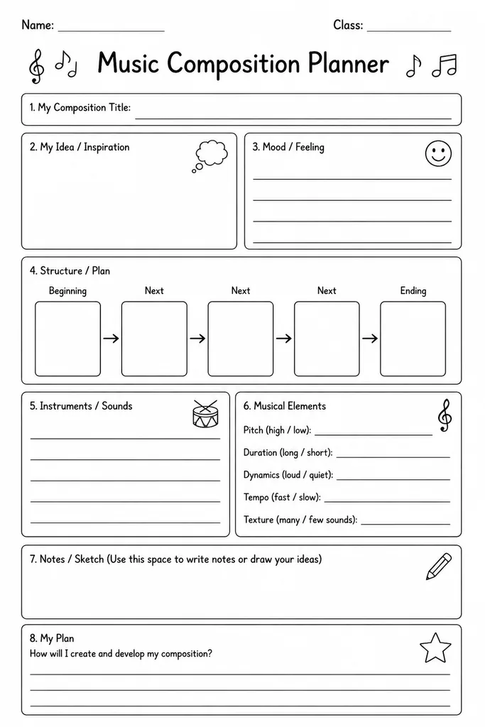 Blank printable music composition planner with sections for title, mood, instrumentation, tempo, and bar-by-bar structural outline