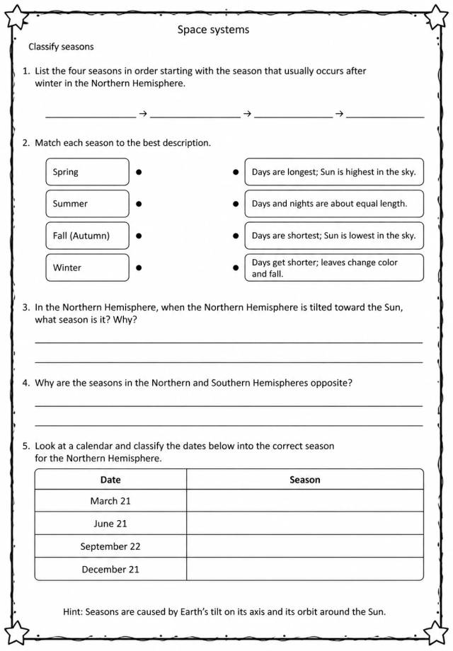 Classify seasons — free printable Middle School Science worksheet