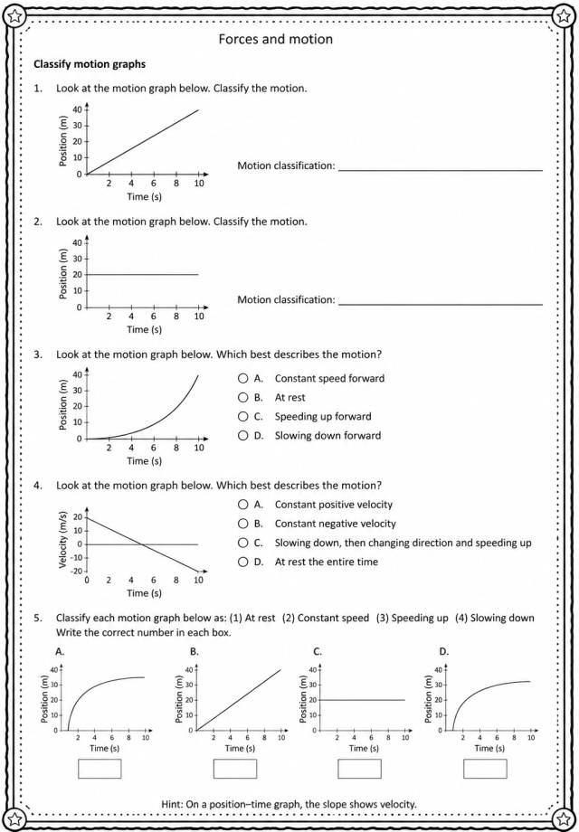 Classify motion graphs — free printable Grade 5 Science worksheet