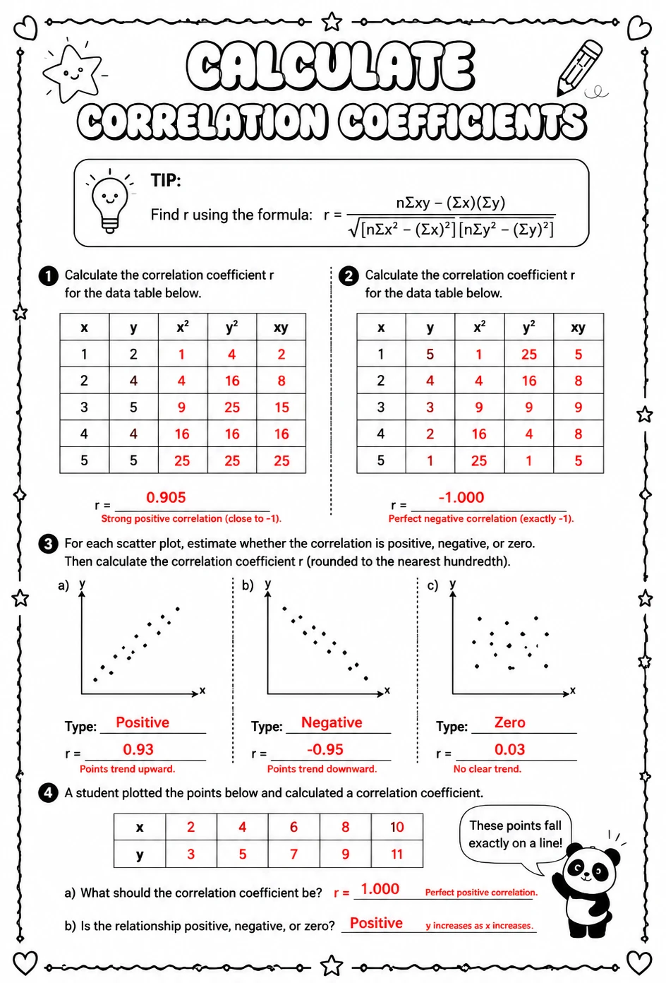 Answer key for Calculate correlation coefficients — free printable Math worksheet
