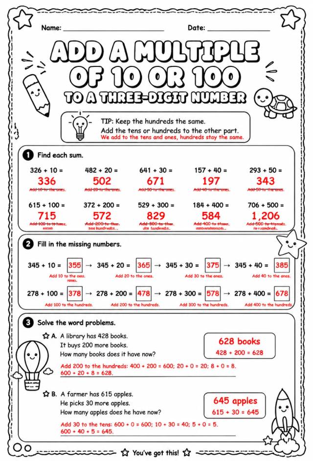 Answer key for Add a multiple of 10 or 100 to a three-digit number — free printable Math worksheet