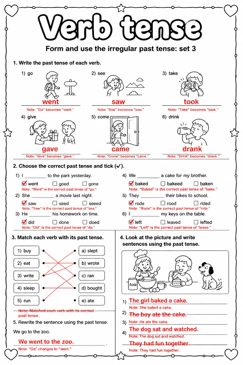 Answer key for Form and use the irregular past tense: set 3 — free printable English & Reading worksheet