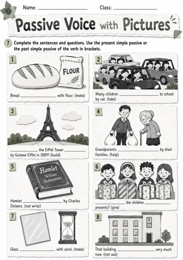 Passive Voice With Pictures | Grades 5-6 Grammar Worksheet grades 5 6 printable PDF preview