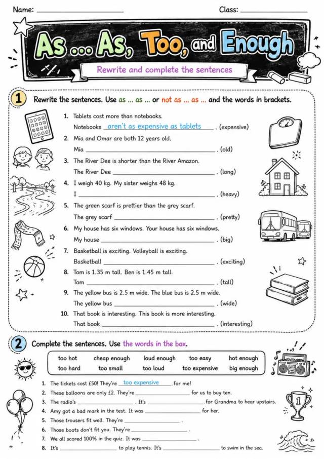 As ... As, Too, And Enough | Grade 5 Grammar Worksheet grade 5 printable PDF preview