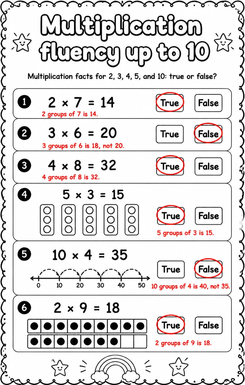 Answer key for Multiplication facts for 2, 3, 4, 5, and 10: true or false? — free printable Math worksheet