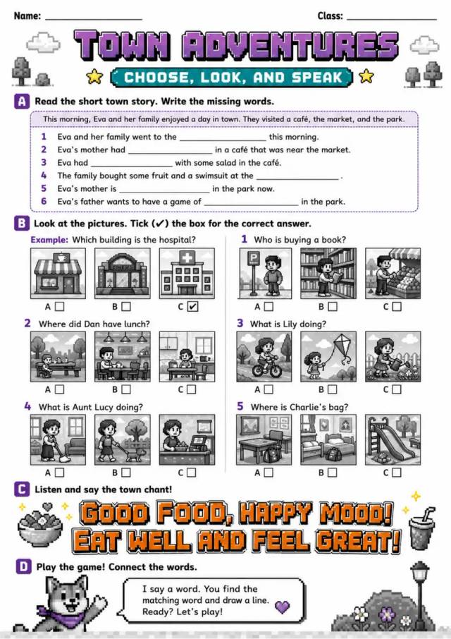 Cambridge MOVERS - TOWN ADVENTURES | Free Worksheet primary printable PDF preview