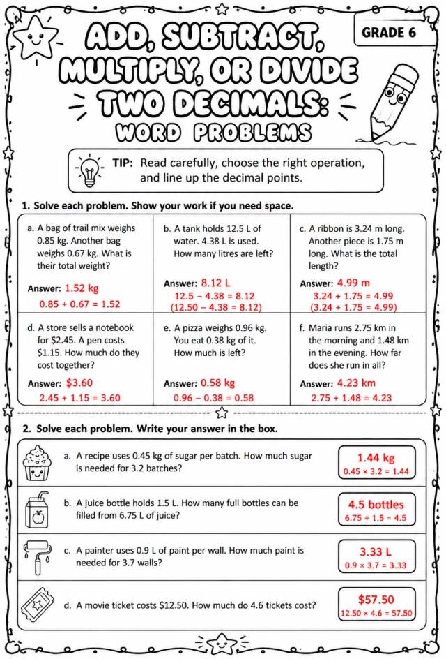 Answer key for Add, subtract, multiply, or divide two decimals: word problems — free printable Math worksheet